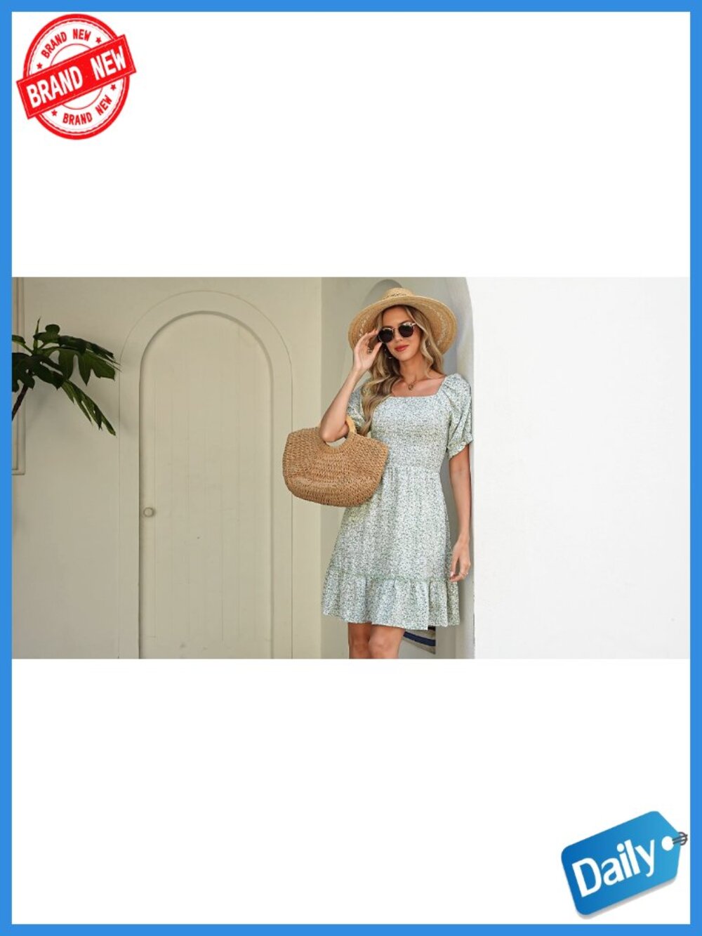 Square Neck Short Sleeve Smocked Sun Dress with Pockets Ruffle Boho - Picture 6 of 6